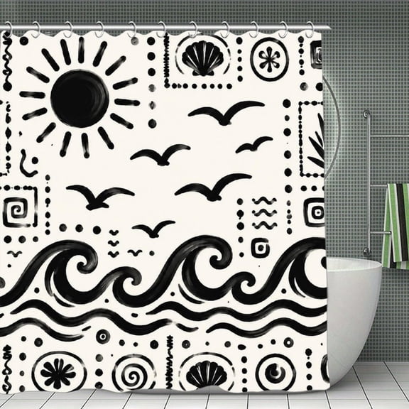Coastal Doodle Pattern With Waves Print Shower Curtain,Cloth Fabric Waterproof Polyester Bathroom Home Decor Set with Hooks 70.8×70.8Inch