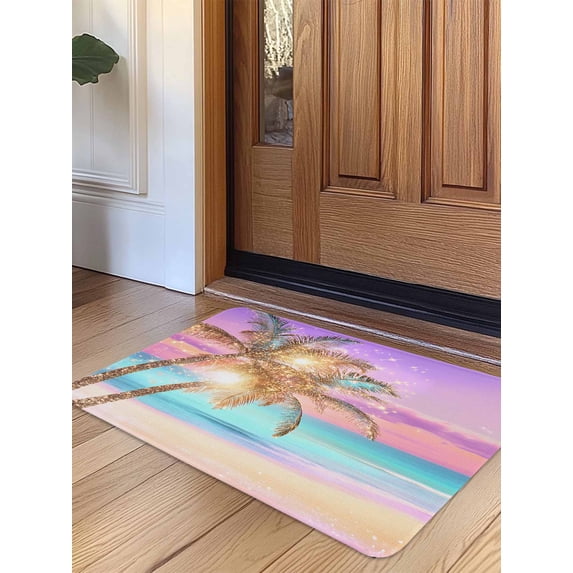 Coastal Door Mat Indoor Outdoor Entrance, Non Slip Rug for Kitchen Bathroom Entryway Rug, Ocean Palm Tree Summer Beach Purple Blue Washable Doormat Floor Mat for Office Home Decor 20x31.5 Inch
