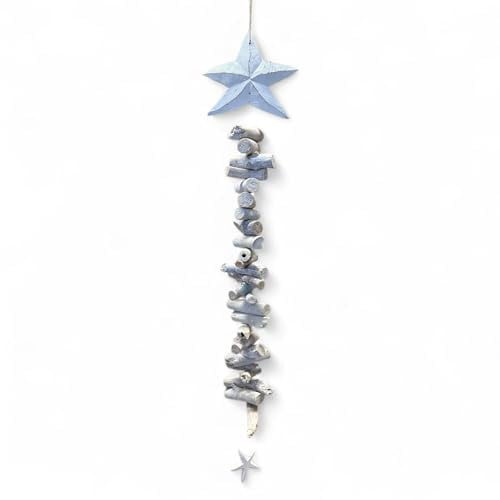 Coastal Driftwood Hanging Garland Mobile with Stars, Natural Wood Beach Decor, 36 Inch Length, Handcrafted Vertical Art Wind Chime