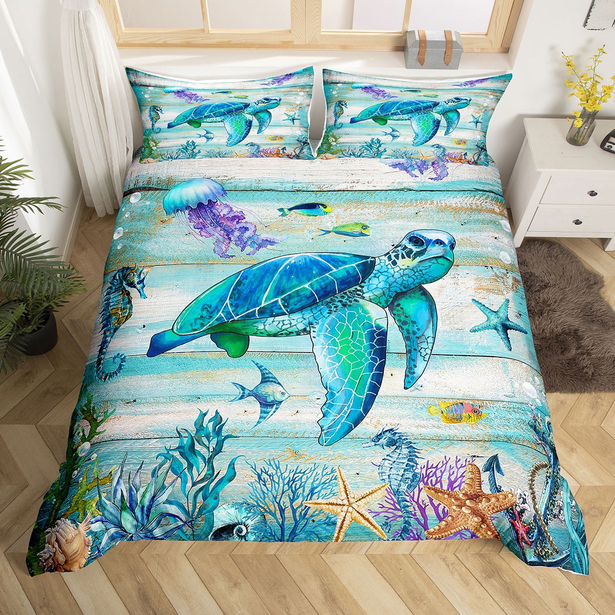 Coastal Duvet Cover King,Summer Sea Turtle Jellyfish Bedding Set for