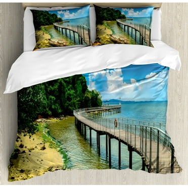 Coastal Duvet Cover Set, Boardwalk on the Bridge Singapore Island Rural View Sandy Beach Summertime, Decorative 3 Piece Bedding Set with 2 Pillow Shams, Calking Size, Green Blue Brown, by Ambesonne