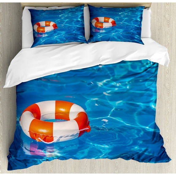 Coastal Duvet Cover Set, in Crystal Clear Swimming Pool Summer Relaxing Vacation Sports Theme, Decorative 3 Piece Bedding Set with 2 Pillow Shams, King Size, Blue Orange White, by Ambesonne