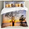 thumbnail image 1 of Coastal Duvet Cover Set, Dawn Time Rising Sun at Seascape with Autumn Trees in Water Habitat Theme, Decorative 3 Piece Bedding Set with 2 Pillow Shams, Queen Size, Blue Yellow, by Ambesonne, 1 of 3
