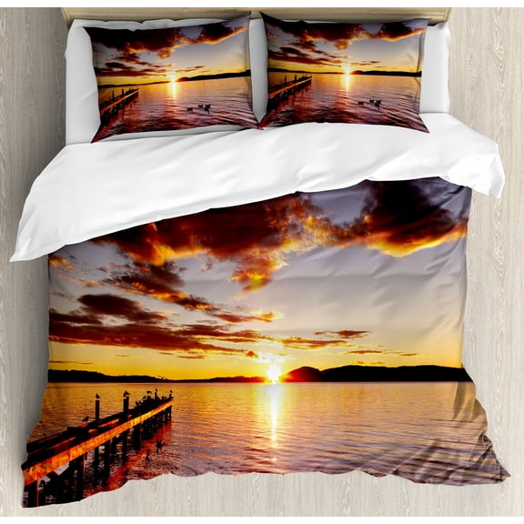 Coastal Duvet Cover Set, Lake Rotorua Dramatic Sunrise North Island New Zealand Morning Scenic Scenery, Decorative 3 Piece Bedding Set with 2 Pillow Shams, Calking Size, Yellow Red Black, by Ambesonne