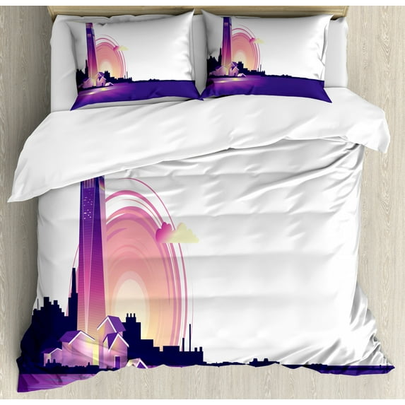 Coastal Duvet Cover Set Queen Size, Lighthouse at Sunset and Silhouette of City on Back, Decorative 3 Piece Bedding Set with 2 Pillow Shams, Indigo Pastel Pink Champagne Charcoal Grey, by Ambesonne