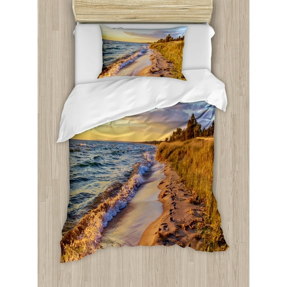 Coastal Duvet Cover Set, Sandy Calm Beach Ocean Waves Tranquil Seashore Setting Sun, Decorative 2 Piece Bedding Set with 1 Pillow Shams, Twin Size, Pale Yellow Pale Brown, by Ambesonne