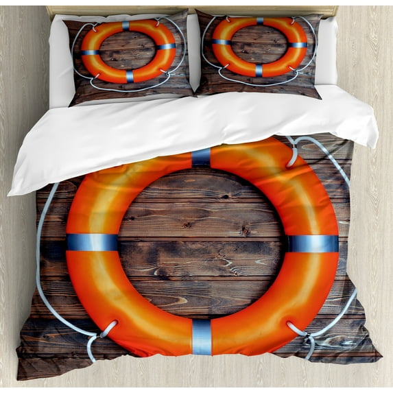 Ambesonne Nautical Duvet Cover Set, Wall Safety, Queen, Orange Grey Brown