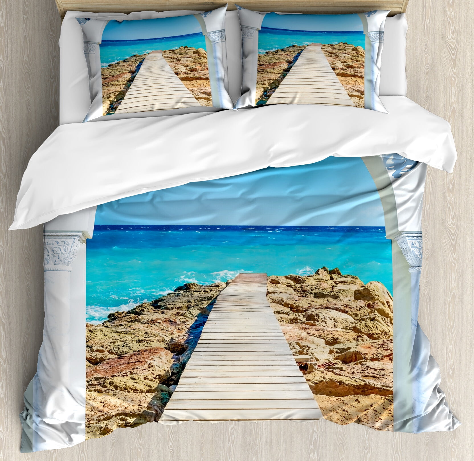 Coastal Duvet Cover Set, View from an Open Window Curve on the Sea with ...