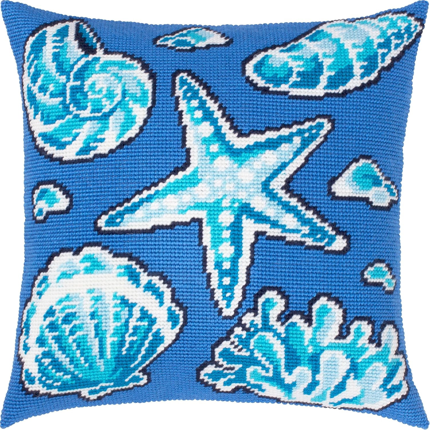 Coastal Embroidery Kit for Adults and Beginners — Ocean Treasures 16″ × 16″ with Clear, Precise Printed Design on Cotton Canvas; Includes 2 Needles, Yarn, and Easy-Read Chart