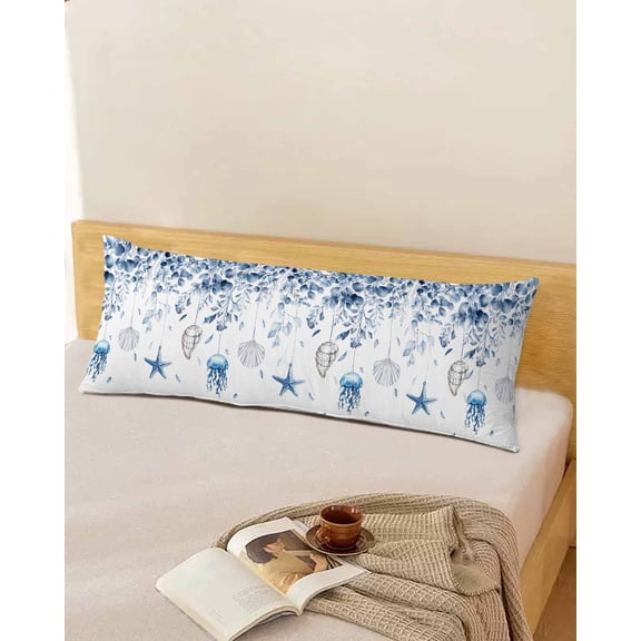 Coastal Eucalyptus Body Throw Pillow Cover Case,Couch Sofa Bed Pillowcase,Soft Decorative Pillow Protector,Blue Spring Leaves Seashell Jellyfish Conch 20x54Inch Long Pillow Shams with Zipper