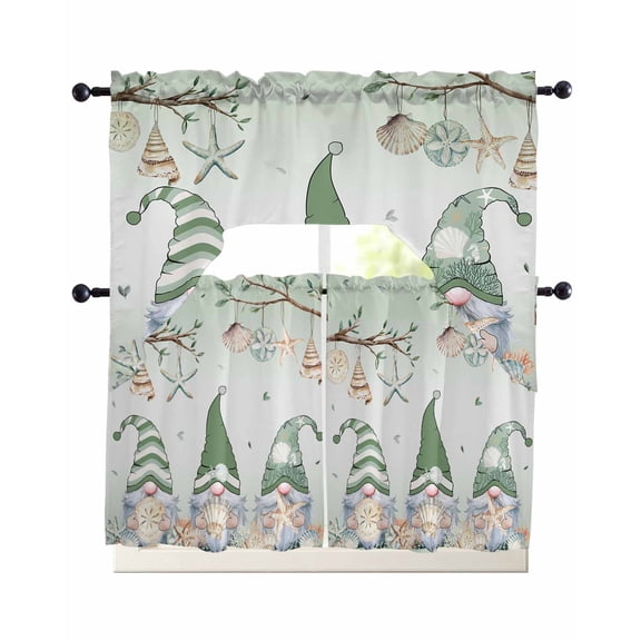 Coastal Eucalyptus Kitchen Curtains Sets 24 Inch Length with Valance, Ocean Botanical Gnomes Starfish Leaf Green Swag Valances and Tiers Curtain Set Drapes Swag Curtains for Living Room, Bathroom