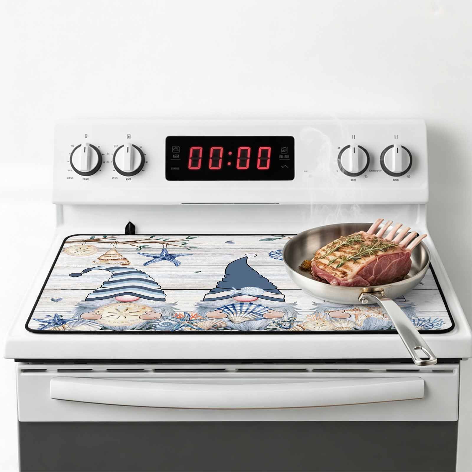 Coastal Eucalyptus Stove Top Cover for Electric Stove, Heat-proof & Non Slip Glass Top Stove Cover Protector, Ocean Blue Gnomes Starfish Leaf Wood Grain Kitchen Flat Cooktop Rubber Mat 24x21 Inches