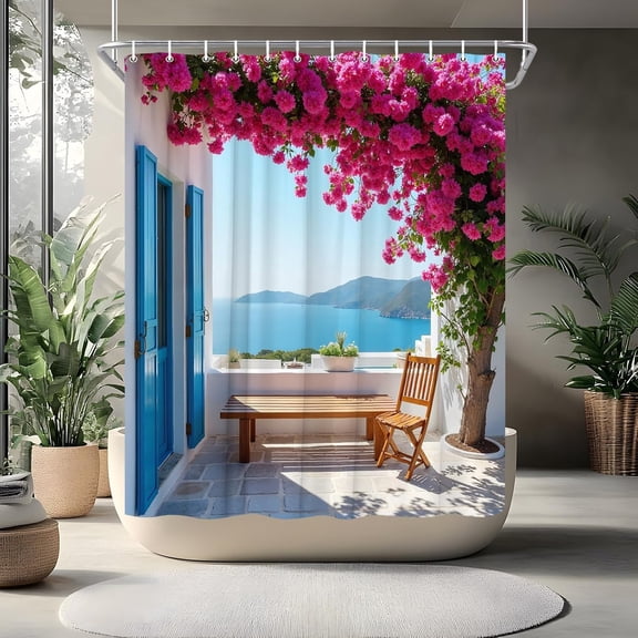 Coastal European Shower Curtain Ocean Greece Natural Landscape Mediterranean Spring Rustic Purple Floral Vine City Town Bathroom Curtains Set Polyester Fabric with Hooks-36"W x 72"L (Pack of 1)