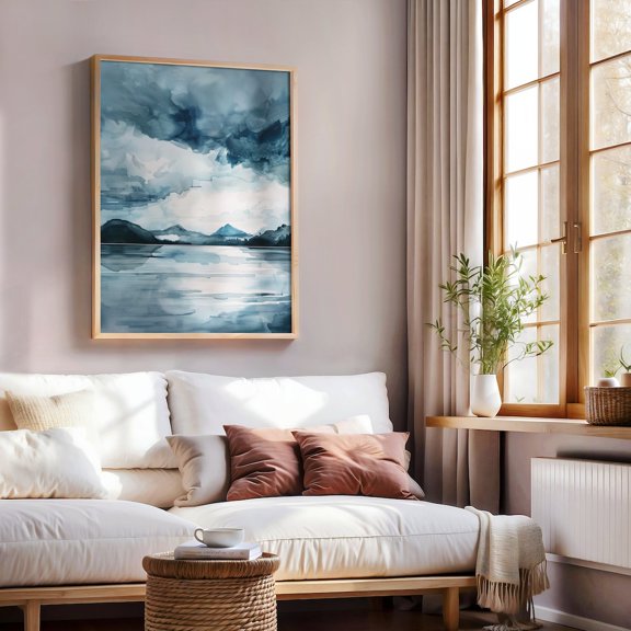 Coastal Evening Landscape Print Lake Wall Art Stormy Clouds Cloudy Sunset, Unframed Paper Poster 8x10in