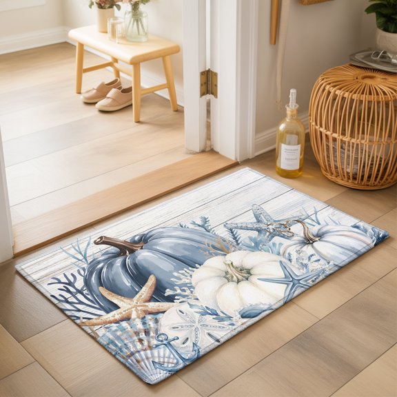 Coastal Fall 2'x3' Small Rugs for Entryway Front Door Kitchen Sink Area, Summer Blue Pumpkin Starfish Coral Rustic Wood Grain Soft Sturdy Mats Washable Non Slip Rectangle Area Rug