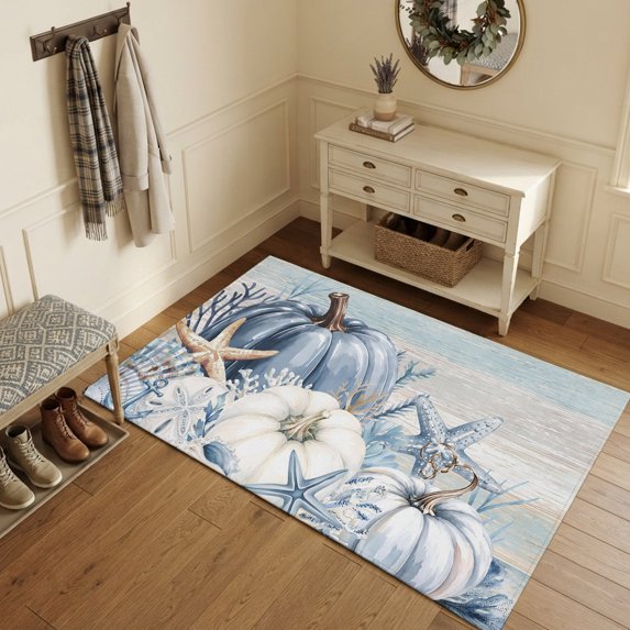 Coastal Fall Area Rugs 3'x5', Washable Small Throw Rugs for Living Room Bedroom, Thanksgiving Blue Pumpkins Coral Brown Wooden Indoor Outdoor Rug Non-Slip Low Pile Carpet Runner Reversible Floor Mats