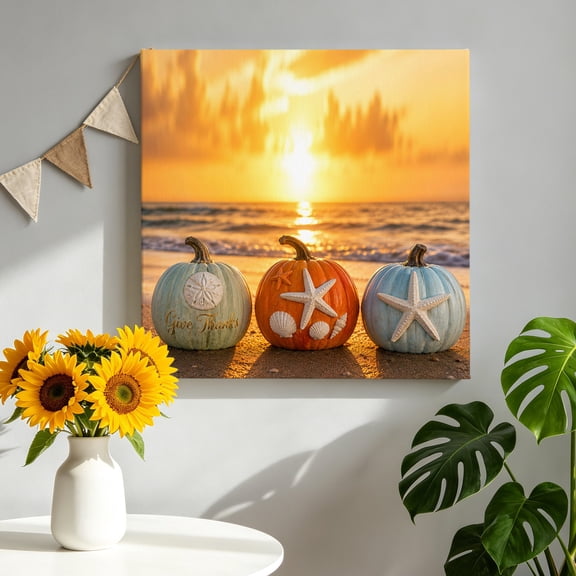 Coastal Fall Canvas Wall Art for Living Room, Orange Sunset Starfish Green Orange Blue Pumpkin Beach Poster Print Painting for Bedroom Office Home Decoration Wall Pictures Prepare To Hang 8"x8"