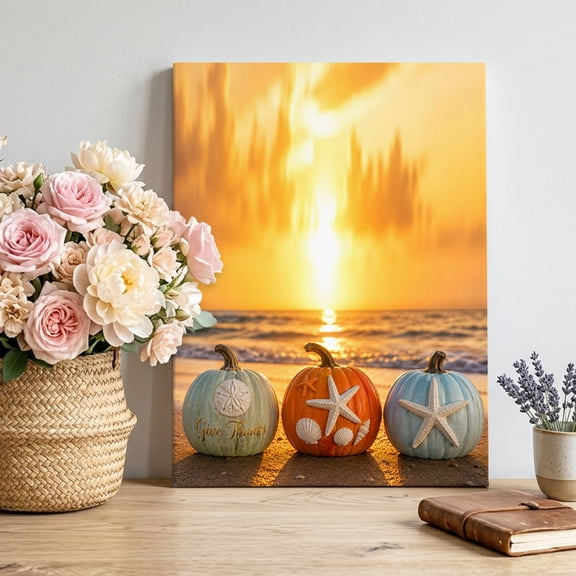 Coastal Fall Canvas Wall Art, Orange Sunset Starfish Green Orange Blue Pumpkin Beach Framed Canvas Wall Decor Picture Print Artwork Decorations for Living Room Office Ready to Hang 12" x 8"