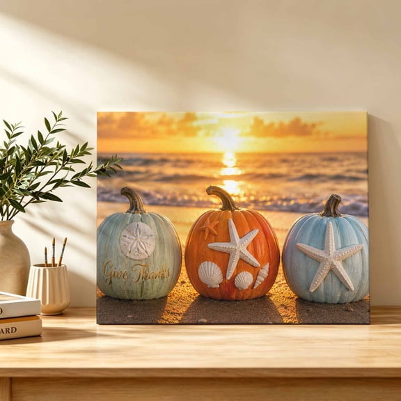 Coastal Fall Canvas Wall Art, Orange Sunset Starfish Green Orange Blue Pumpkin Beach Wall Art Prints Artwork Framed Canvas Ready to Hang Art Pictures for Bathroom Bedroom Entry Desk Corner 10" x 8"