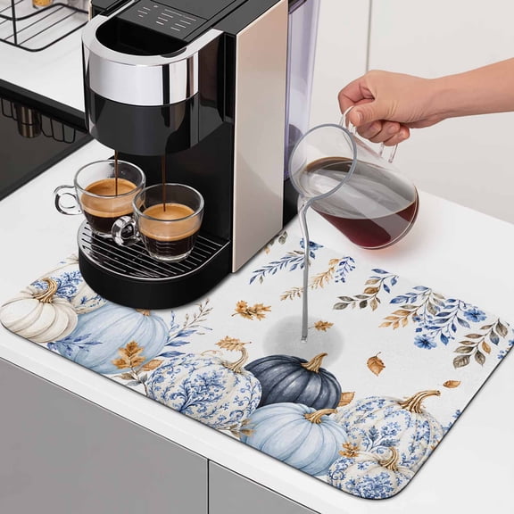 Coastal Fall Dish Drying Mats for Kitchen Counter, Blue Patterned Pumpkins Fall Maple Leaf Shabby Chic Absorbent Coffee Bar Mat with Non-slip Rubber Backed Quick Drying Dish Rack Pad 16"x18"