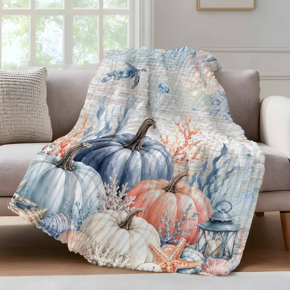 Coastal Fall Fleece Throw Blanket for Couch, Thanksgiving Blue Pumpkins Coral Wooden Microfiber Flannel Blanket for All Season, Lightweight Soft Throw Blankets for Baby, Kids, Pets, 30"x40"