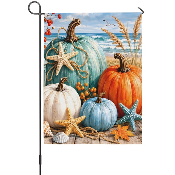 Coastal Fall Garden Flag 12x18 Inch Vintage Summer Coastal Pumpkin Starfish Seashell Double Sided Outdoor Garden Flags Welcome House Flag Decorative Yard Flags for Outside Holiday Decoration