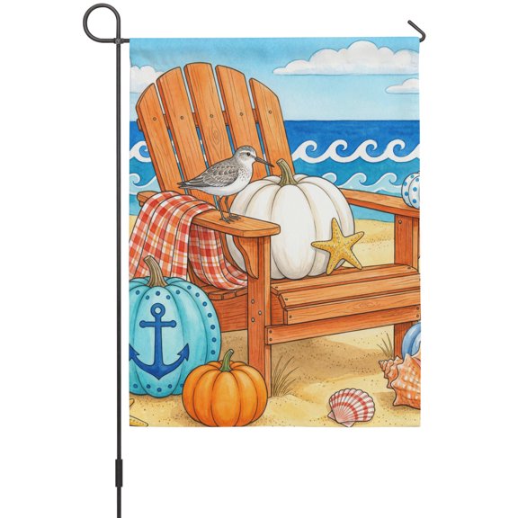Coastal Fall Garden Flags For Outdoor, Beach Holiday Pumpkin Beach Sea Shells Bird Wooden Chair Small Double Side Yard Flags Weather Proof Garden Decor for Lawn Outside Holiday 12 x 18 Inches