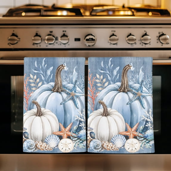 Coastal Fall Kitchen Towels Set of 1, Thanksgiving Blue Pumpkins Coral Nautical Absorbent Dish Towels for Kitchen, Microfiber Hand Towel, Quick Drying Tea Towel for Cleaning Decorative Dishcloths