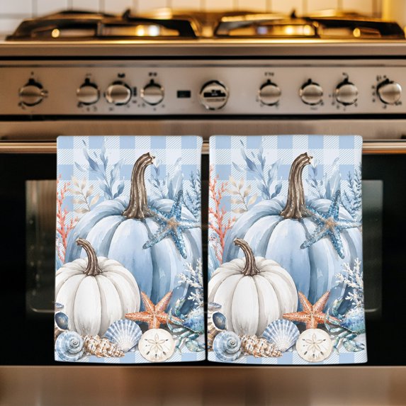 Coastal Fall Kitchen Towels Set of 2, Thanksgiving Pumpkins Coral Blue Plaid Absorbent Dish Towels for Kitchen, Microfiber Hand Towel, Quick Drying Tea Towel for Cleaning Decorative Dishcloths