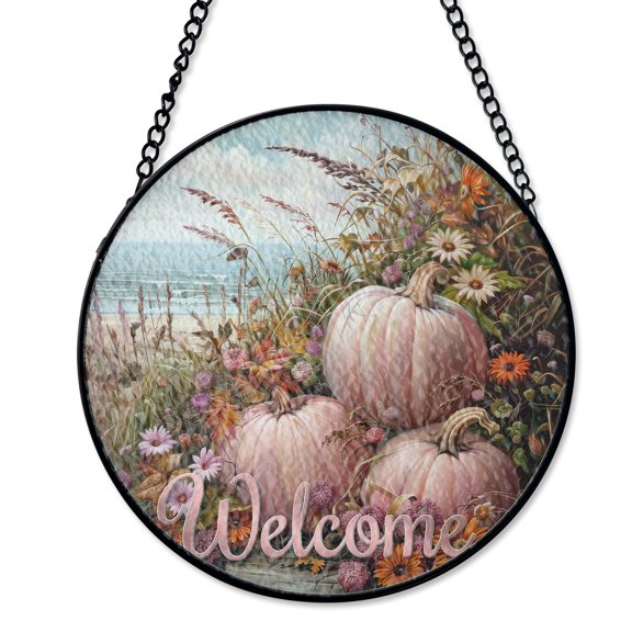 Coastal Fall Pumpkin Suncatcher Stained Glass Style UV Printed Glass Beach Autumn Decor Round