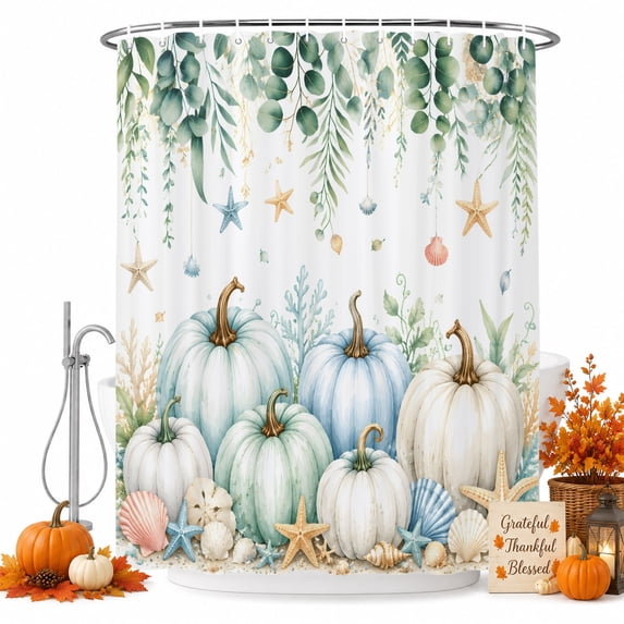 Coastal Fall Pumpkins Shower Curtain Set - 72" x 78" Washable Bathtub Curtain with 12 Hooks, Ocean Nautical Green Eucalyptus Leaves Waterproof Fabric Stall Shower Curtains for Bathroom/Bathtub Décor