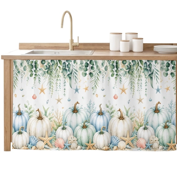 Coastal Fall Pumpkins Sink Skirt for Bathroom, Self-Adhesive Under Sink Curtain, Ocean Nautical Green Eucalyptus Leaves Hide Pipes & Storage Fabric Cabinet Skirt Cover for Kitchen Laundry 32"x55"