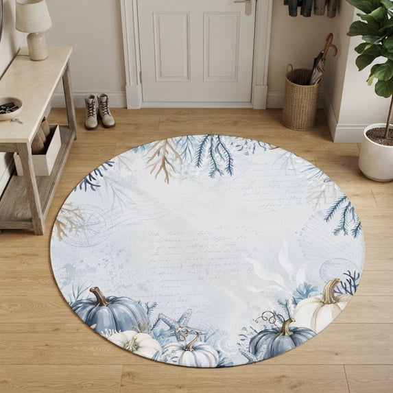 Coastal Fall Round Area Rug 3Ft Washable Small Circle Rugs for Kitchen Entryway, Thanksgiving Blue Pumpkins Coral Ocean Non-Slip Carpet Floor Mats Indoor Outdoor Carpet Runner Aesthetic Home Decor