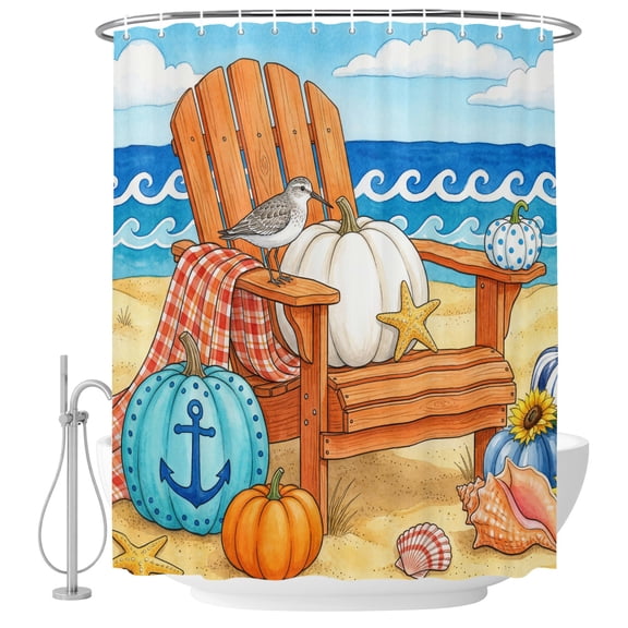 Coastal Fall Shower Curtain for Bathroom, Beach Holiday Pumpkin Beach Sea Shells Bird Wooden Chair Waterproof Cloth Fabric Bathroom Accessories Set with 12 Rust Proof Plastic Hooks, 60"x72"
