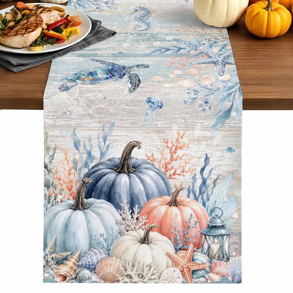 Coastal Fall Table Runner 36 Inches Long for Kitchen Dining, Thanksgiving Blue Pumpkins Coral Wooden Dresser Scarf Farmhouse, Dining Table Decorations for Wedding/Parties, 13 x 36 In