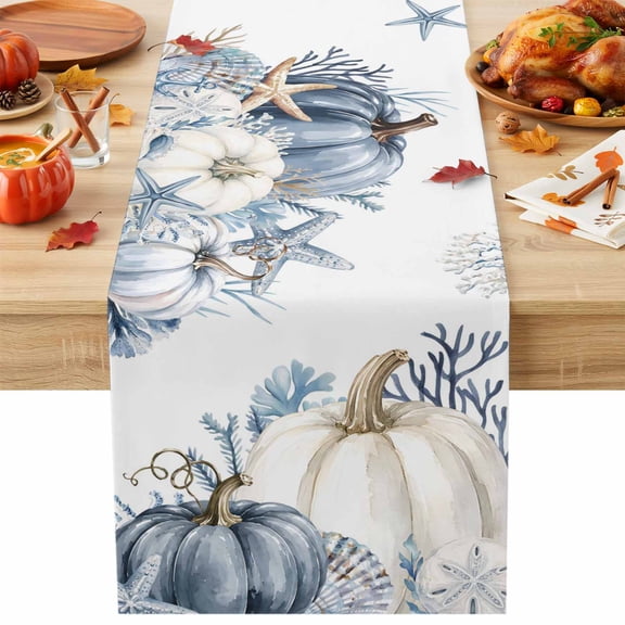Coastal Fall Table Runner, Summer Blue Pumpkin Starfish Coral Rustic Marine Cotton Linen Kitchen Table Decoration Washable Dining Tabletop Runners for Home Party Decor 13x108 Inches