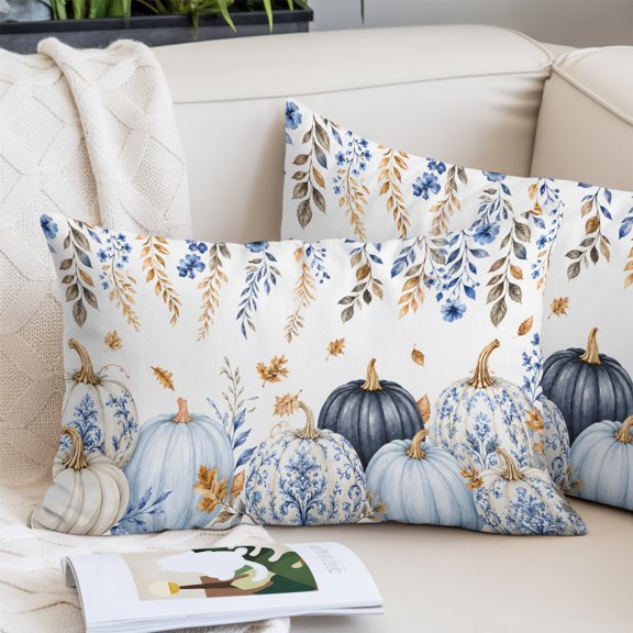 Coastal Fall Throw Pillow Covers, Blue Patterned Pumpkins Fall Maple Leaf Shabby Chic Decorative Lumbar Throw Pillowcase Cushion Cover with Smooth Hidden Zipper for Bedroom Sofa 24 x 36 Inches