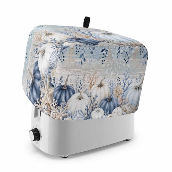 Coastal Fall Toaster Cover 2 Slice, Thanksgiving Blue White Pumpkins Leaves Wooden Dustproof Bakeware Oven Protector with Top Hook, Waterproof Small Kitchen Appliance Toasters Dust Cover, 11"x6"x8"