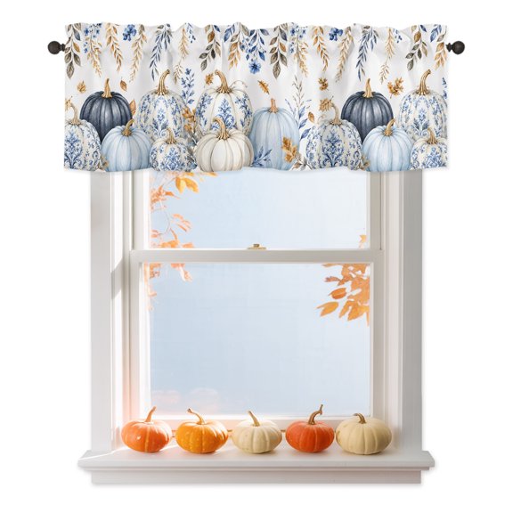 Coastal Fall Valances for Windows, Blue Patterned Pumpkins Fall Maple Leaf Shabby Chic Rod Pocket Valance Short Window Treatments Curtains for Kitchen Bathroom Bedroom Decor, 60 x 18 Inches