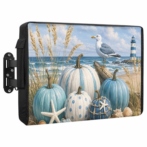 Coastal Fall Waterproof Outdoor TV Cover, Summer Coastal Blue Pumpkin Seagull Starfish Seashell Outside Weatherproof TV Enclosures for 30 to 32 Inch LCD Television Shield Flat Screen Protectors