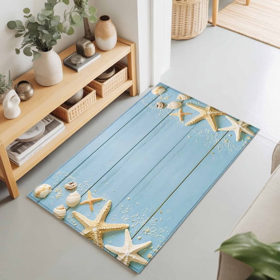 Coastal Farm Blue Wood Grain Rectangle Rug 2'x3' Starfish Shells on ...