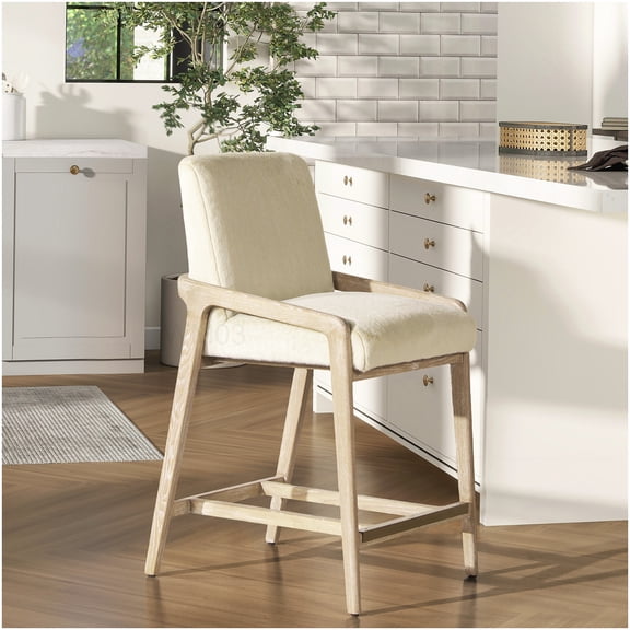 Coastal Farmhouse Counter Stool with Faux Fur Upholstery and Rope Accent