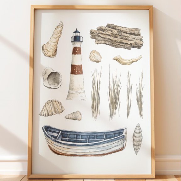 Coastal Field Notes Hand Drawn Lighthouse And Rowboat Sketch Explorer Decorative Wall Art Poster , Poster Print Only
