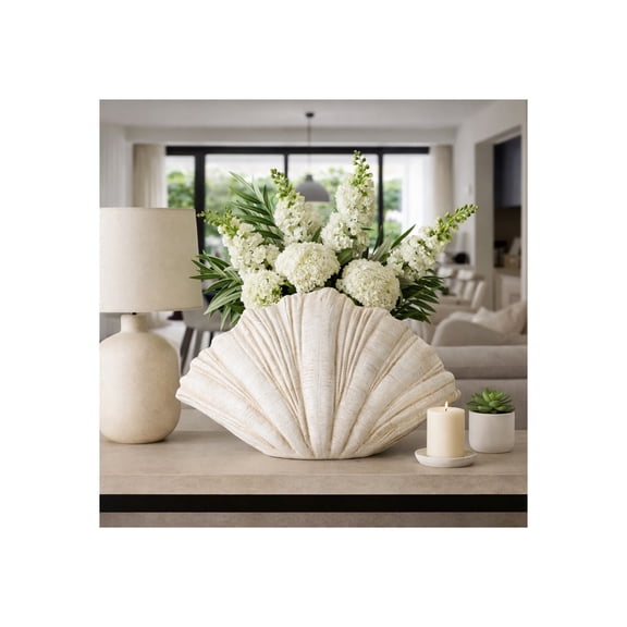 Decorative Scallop Shell Figurine for Home Decor - Textured Resin Sculpture for Bathroom, Office, and Living Room Accent - Nature Inspired Ornaments for Shelf and Coffee Table - 14", White