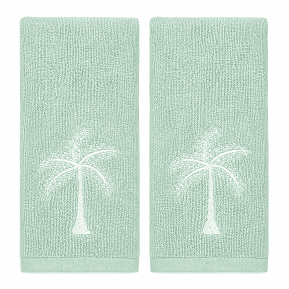 Coastal Fingertip Towels for Bathroom – Set of 2 Light Green 100% Cotton Embroidered Tropical Palm Tree Design – 12 x 18” Decorative Bath & Kitchen Towels
