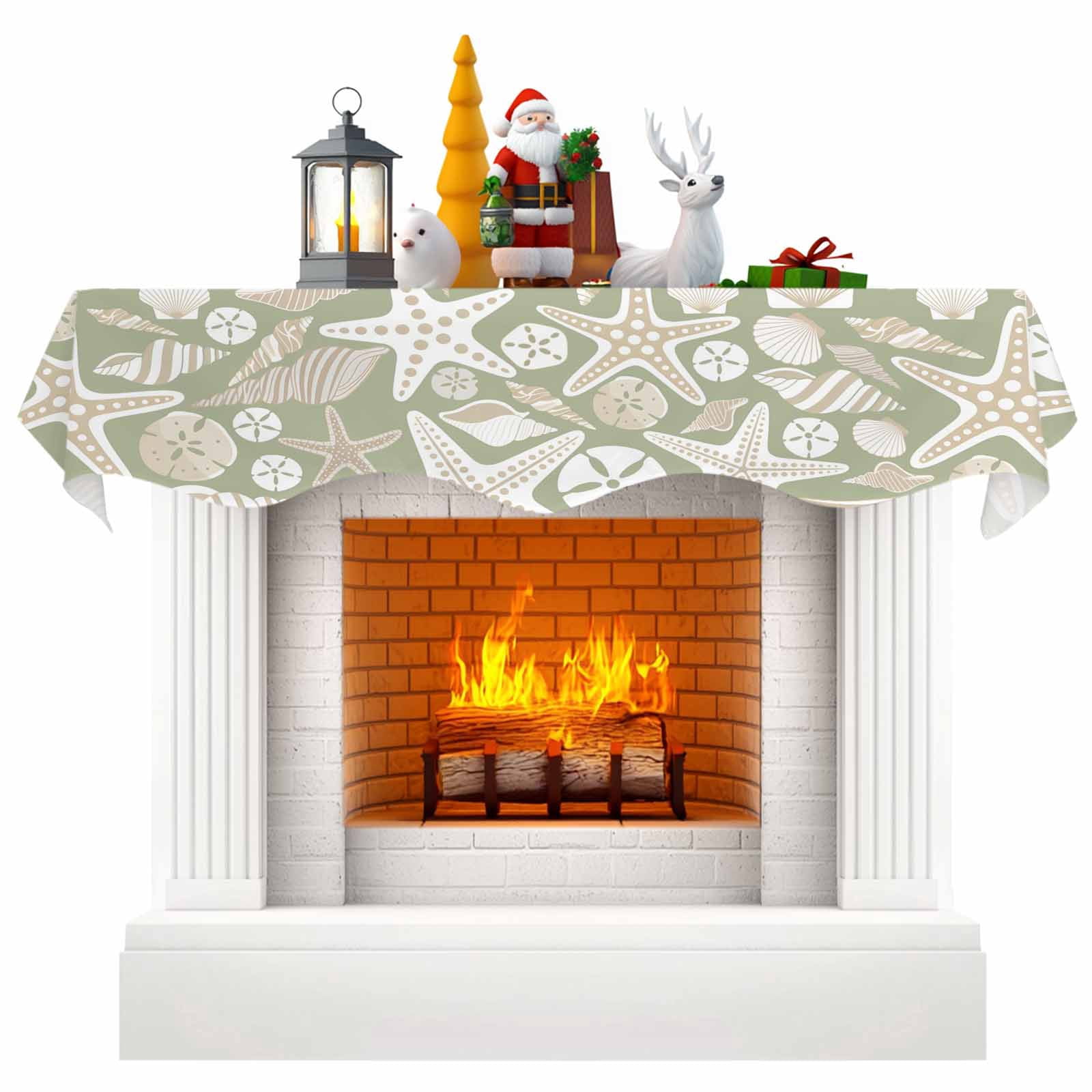 Coastal Fireplace Mantle Scarf, Sage Green Starfish Ocean Conch Shell ...