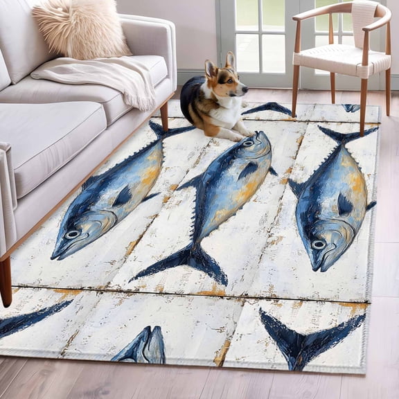 Coastal Fish Area Rug 3x5 Washable Rug Non Slip Oil Painting Vintage Nautical Beach Large Area Rug Indoor Floor Carpet for Entryway Bedroom Kitchen Living Room Home Office Dining Room Nursery