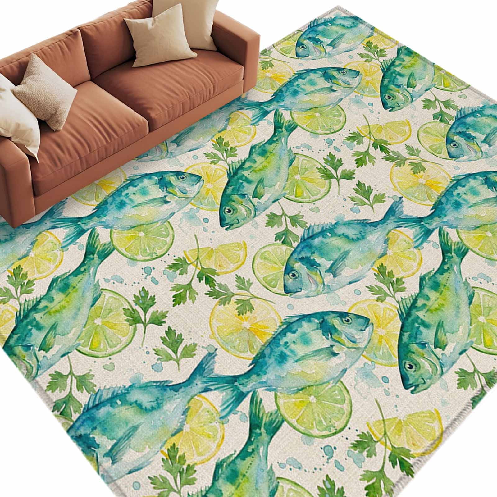 Coastal Fish Area Rug 5x8 Washable Rug Non Slip Summer Watercolor Ocean ...