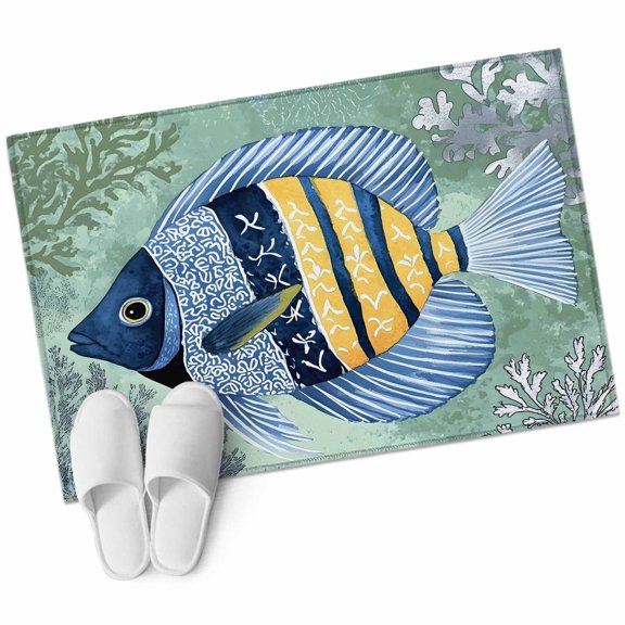 Coastal Fish Area Rug 2x3ft Summer Ocean Stripe Ombre Fish Coral Marine Life Non-Slip Washable Square Rugs Soft Felt Indoor Floor Mat for Bedroom Kitchen Living Room Bathroom
