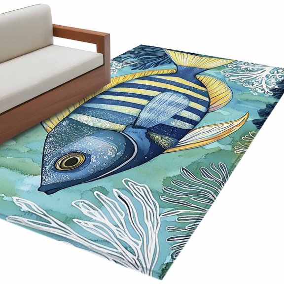 Coastal Fish Area Rug 3x5ft Summer Ocean Abstract Stripe Ombre Fish Coral Leaf Non-Slip Washable Square Rugs Soft Felt Indoor Floor Mat for Bedroom Kitchen Living Room Bathroom